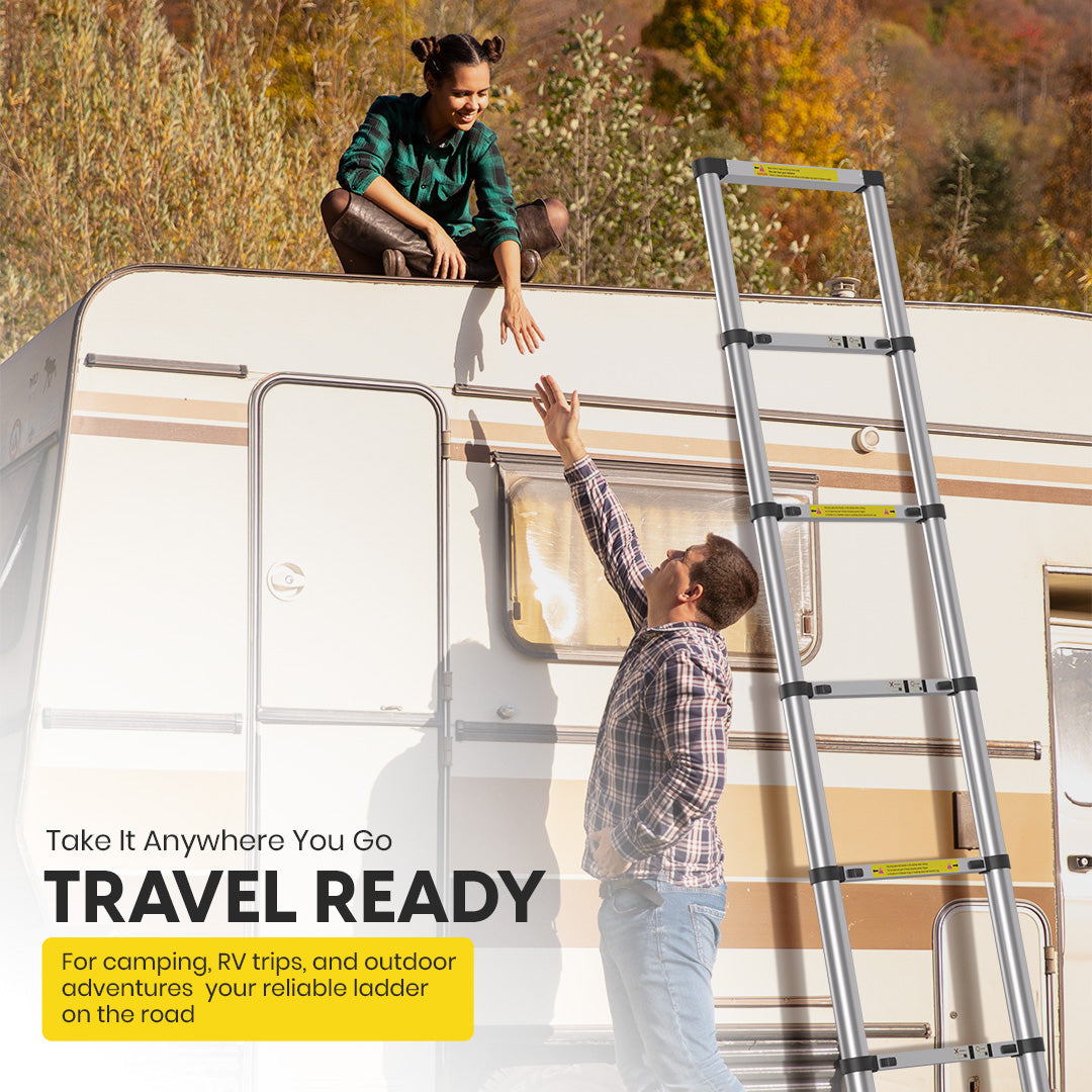 2.6M Telescoping Aluminium Ladder with Adjustable Height, Secure Locks, and Anti-Slip Base by MZM Shopaco