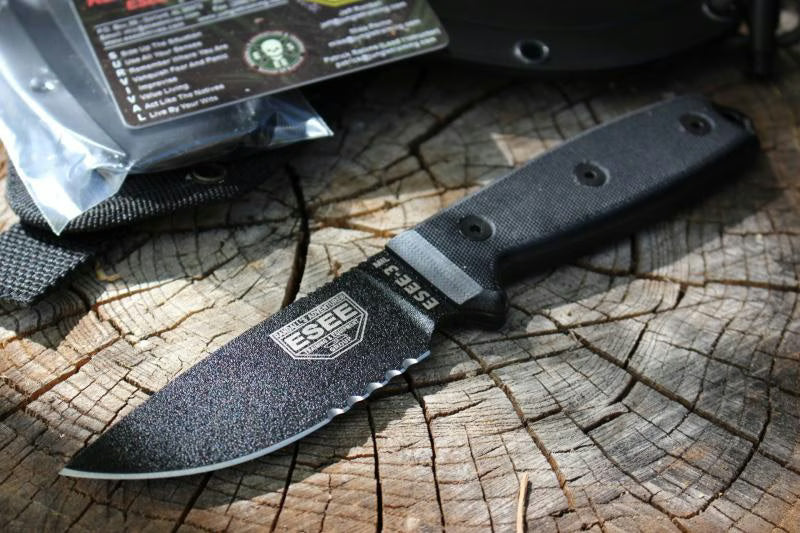 ESEE Model 3, serrated, black G-10, black plastic sheath, nylon sheath