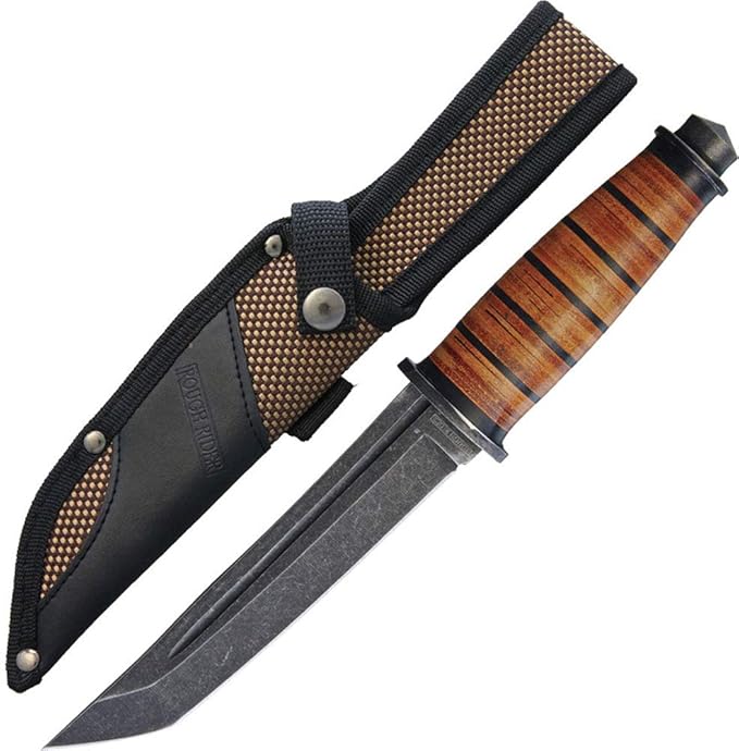 Rough Rider 1720 Tanto Fixed Blade Knife with Stacked Leather Handle