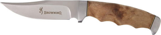Browning 537 Hunter Fixed Stainless Blade Knife with Finger Groove Burl Wood Handle