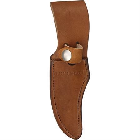 Bear & Son 753 Skinner with 3.5″ high carbon stainless blade, full tang, Delrin stag handle & leather sheath.