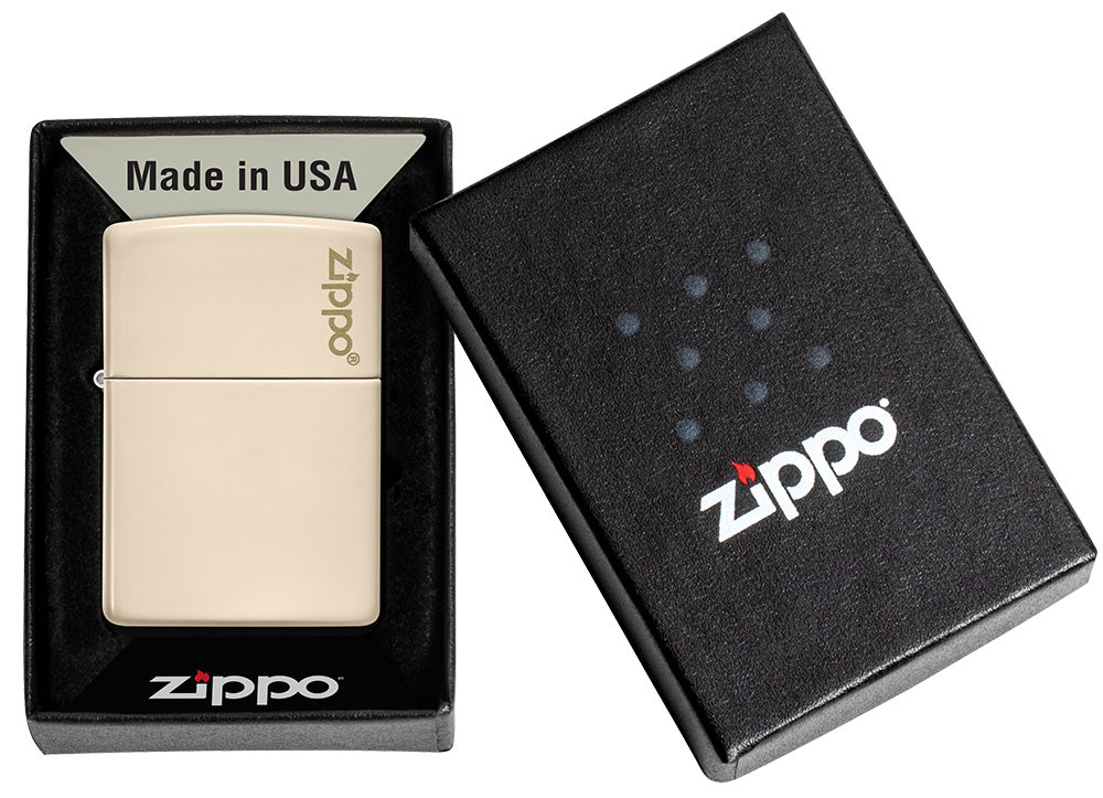 Classic Flat Sand Zippo Logo Lighter - Made in USA - Shop now at Mjoutdoorsgear UK