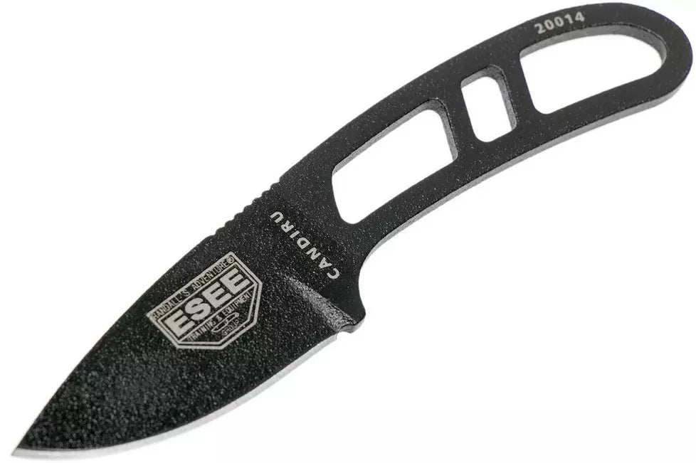 ESEE Candiru B, Fixed Blade Knife with Skeletized Handle, Black Molded Sheath & Mini Survival Kit - Black