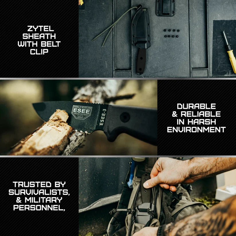 ESEE Model 3 Tactical ESEE-3P-TG-B fixed blade knife with rugged design, reliable performance for outdoor use