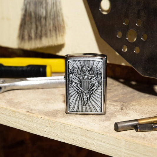 Eagle Shield Emblem Design Street Chrome™Windproof Lighter – Zippo Lighters UK - Shop now at Mjoutdoorsgear UK