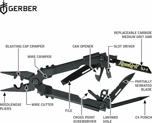 Gerber Gear Gear DET Multi-Plier 600 with Blasting Cap Crimper - MultiTool w/ Screwdriver, Needlenose Pliers, Can Opener, Wire Cutter, Replaceable Saw - Combat Engineer - Made in USA - Survival Tools