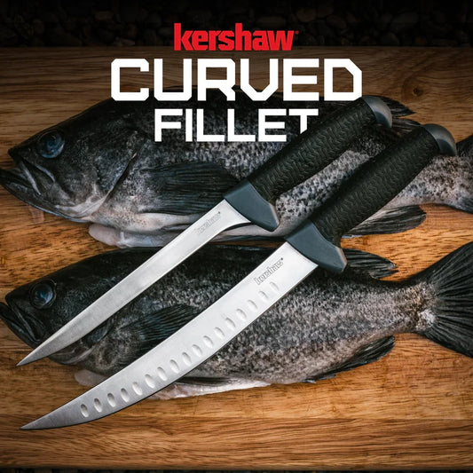 Kershaw Curved Fillet Knife 9-inch blade 1242GEX for precise fish filleting, sharp stainless steel fishing knife by MJ Outdoors Gear UK.