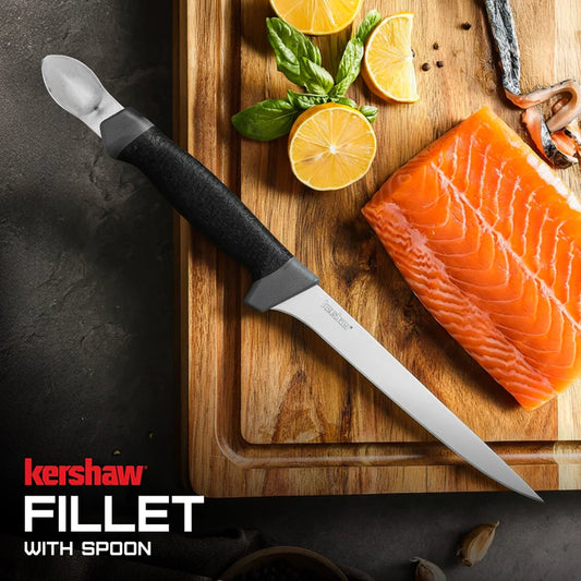 Kershaw Fillet with Spoon 1243SHX fishing knife featuring a sharp fillet blade and spoon tool, ideal for anglers, available at MJ Outdoors Gear UK.