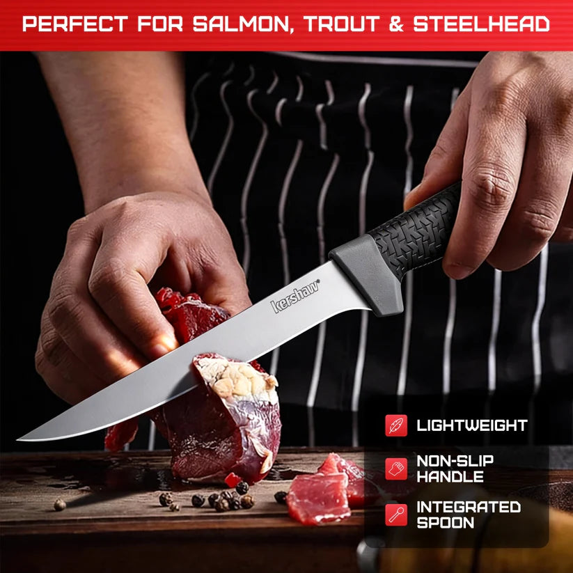 Kershaw Fillet with Spoon 1243SHX fishing knife featuring a sharp fillet blade and spoon tool, ideal for anglers, available at MJ Outdoors Gear UK.