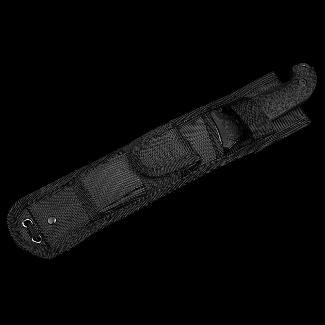Schrade Frontier fixed blade knife with 1095 steel drop point blade, textured TPE handle, lanyard hole, sheath, and ferro rod.