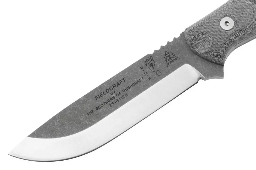 TOPS Knives Fieldcraft B.O.B. BROS-TBF BLM, 1095 Tumbled Finish, Black Linen Micarta, bushcraft knife, Brothers Of Bushcraft design