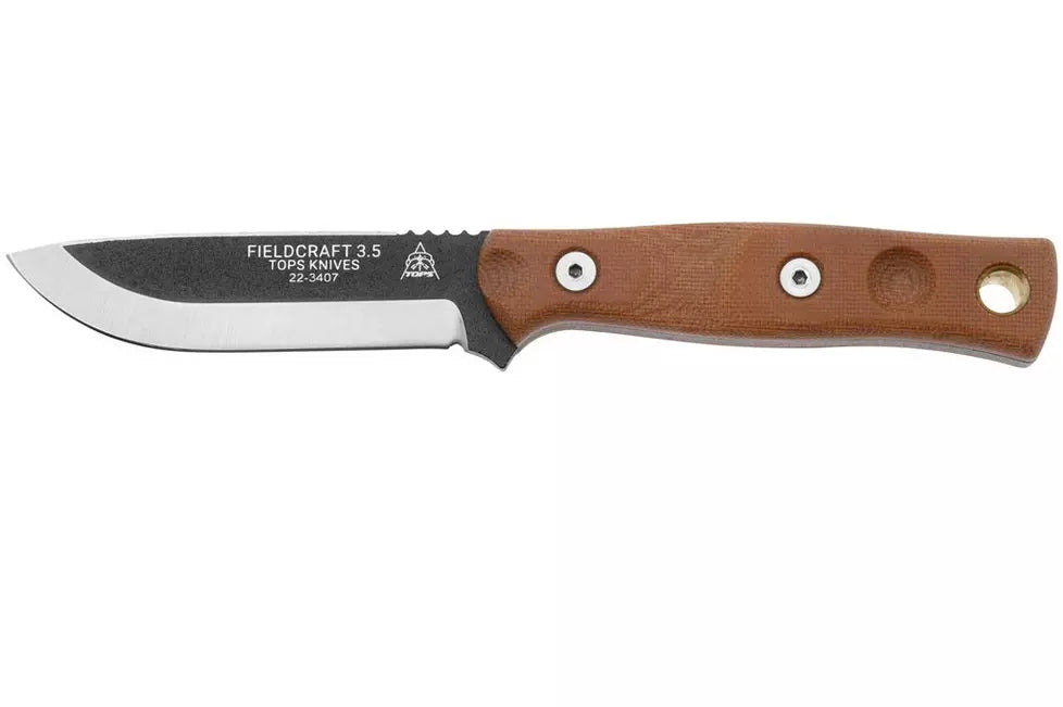 TOPS Fieldcraft 3.5 Mini BROS 90 Degree Spine, Firesteel, Brown Micarta MBROS-01-SF bushcraft knife