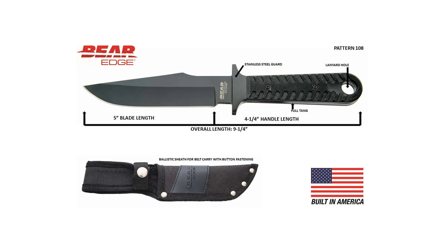Bear & Son 61108 Compact Bowie Fixed Blade Knife Black Handles