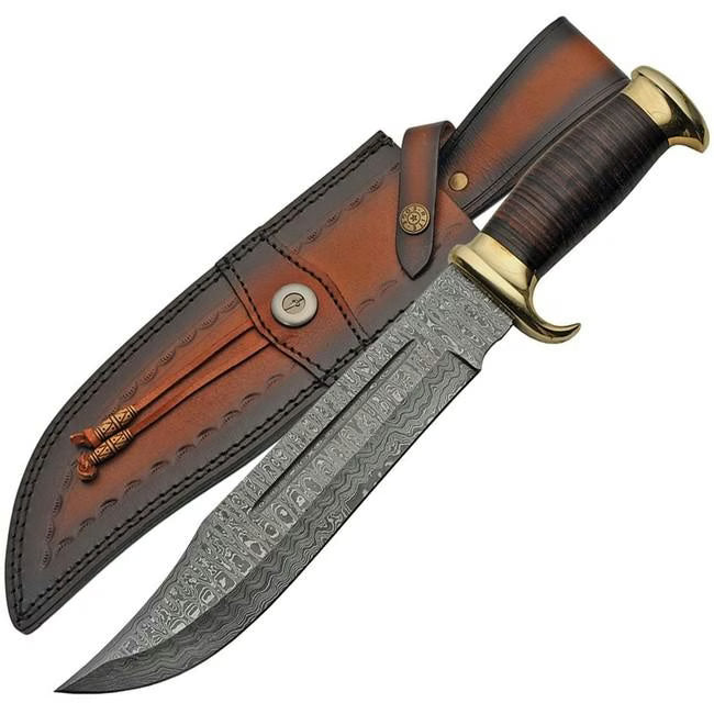 Damascus Steel Fixed Blade Knife Bowie Braided Wood Design Dm-1221