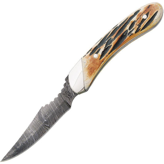 6 3/4" Genuine India Stag Bone™ Damascus Caper w/Leather Sheath - Bear & Son Cutlery - Jacksonville, AL