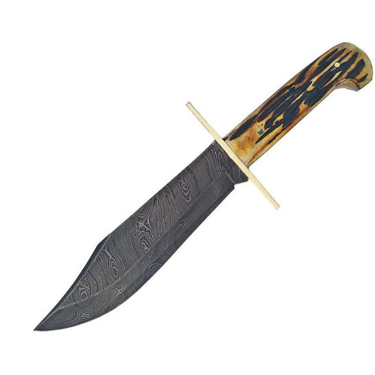 11 3/4" Bowie Damascus Genuine India Stag Bone™ w/Leather Sheath - Bear & Son Cutlery - Jacksonville, AL