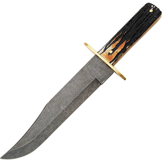14 3/8" American STD Bowie Damascus Genuine India Stag Bone™ w/Leather Sheath - Bear & Son Cutlery - Jacksonville, AL