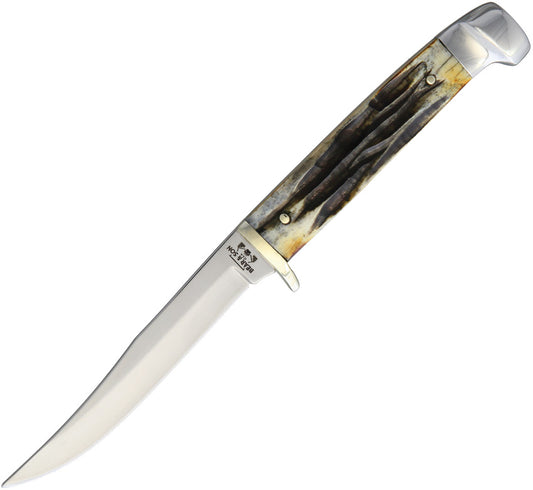 Bear & Son Caper Fixed 2.5" Stainless Steel Blade, Genuine India Stag Bone Handles, Leather Sheath - 5009