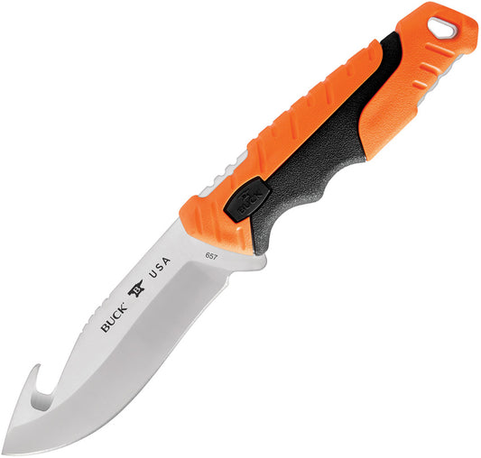 Buck 657 Large Pursuit Pro Fixed Blade Knife 4.25" S35VN Stainless Steel Guthook, Orange GRN and Rubber Handles, Polyester Sheath - 12752