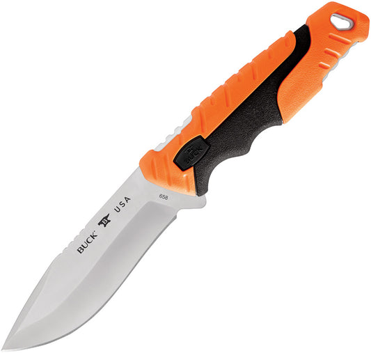 Buck 658 Small Pursuit Pro Fixed Blade Knife – S35VN Stainless Steel Drop Point, Orange GRN, Rubber Handle, Polyester Sheath