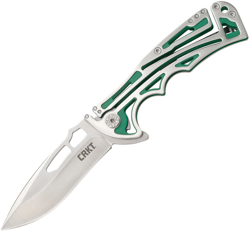 CRKT NIRK Tighe EDC Folding Pocket Knife: Stainless Steel Plain Edge Blade, Silver & Green Machined Stainless Steel Handle 5241