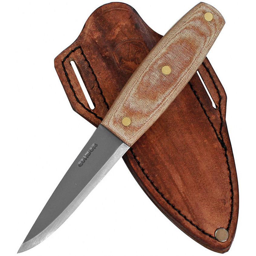 Condor Primitive Mountain Knife CTK3918-4 with spear point blade, tan Micarta handle and leather sheath
