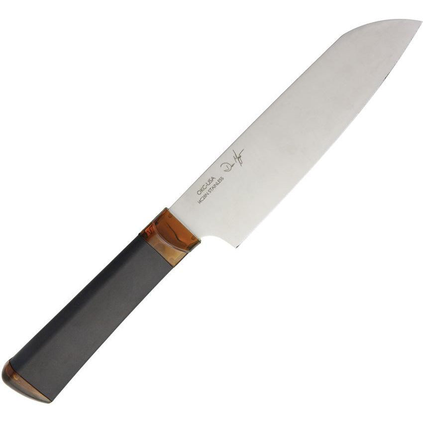 Ontario Agilite Santoku Knife with Amber Ultem transparent Handle with Black Kraton Grip