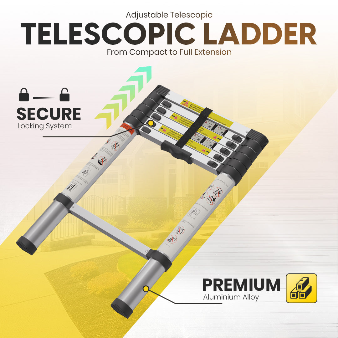 Lightweight 2M Telescopic Aluminium Ladder with Adjustable Height, Secure Locking System, and Anti-Slip Base by MZM Shopaco