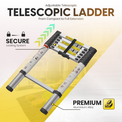 Lightweight 2M Telescopic Aluminium Ladder with Adjustable Height, Secure Locking System, and Anti-Slip Base by MZM Shopaco