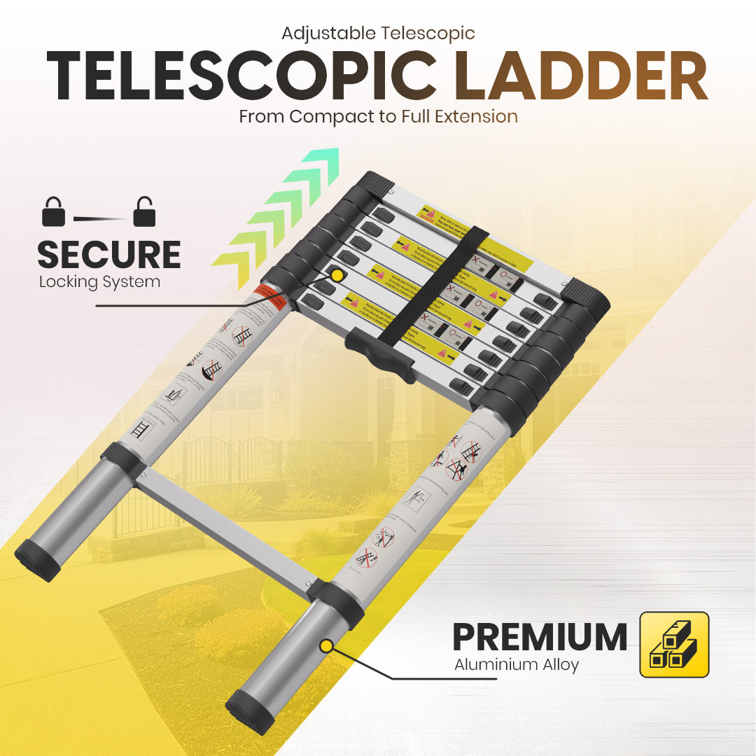 2.6M Telescoping Aluminium Ladder with Adjustable Height, Secure Locks, and Anti-Slip Base by MZM Shopaco