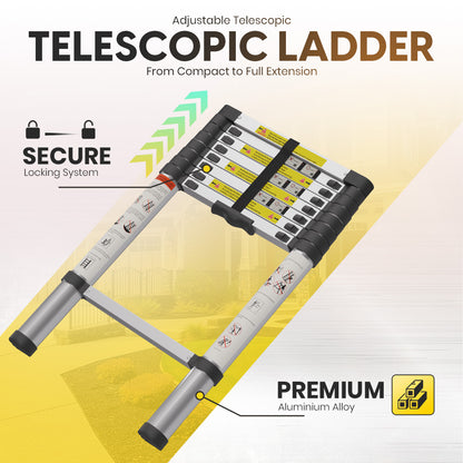 2.6M Telescoping Aluminium Ladder with Adjustable Height, Secure Locks, and Anti-Slip Base by MZM Shopaco
