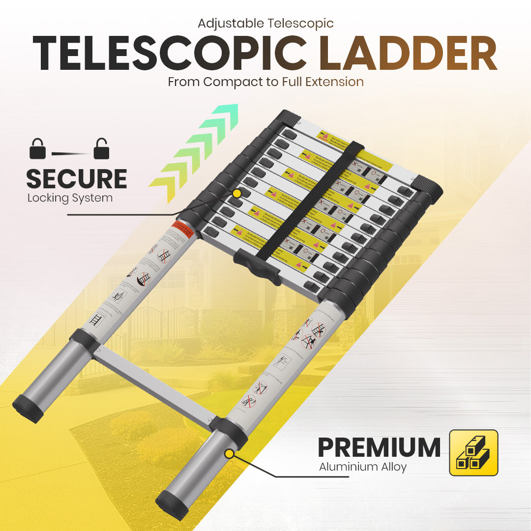 3.8M Telescopic Aluminum Ladder with Adjustable Height, Secure Locks, and Anti-Slip Base by MZM Shopaco