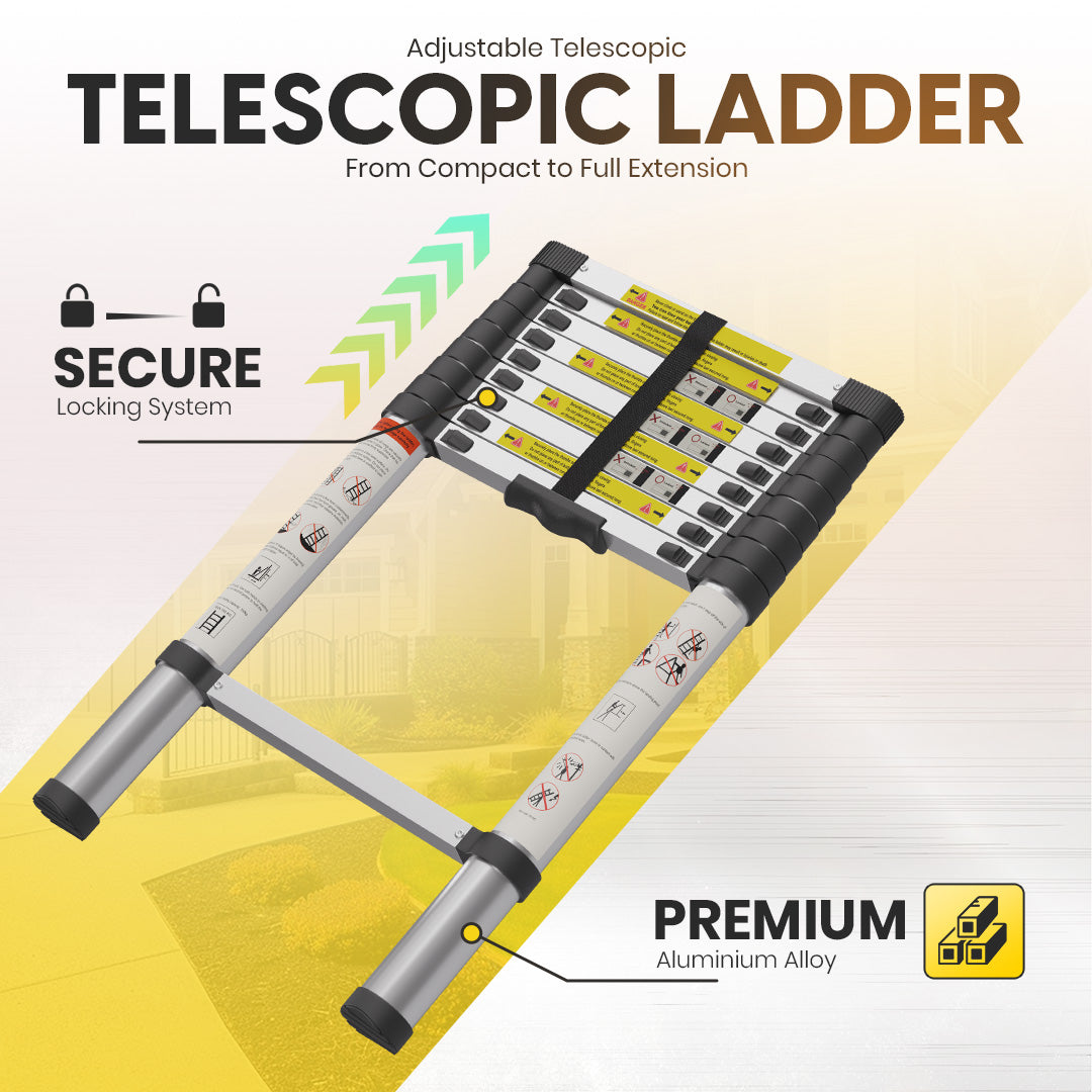 2.9M Telescopic Aluminium Ladder with Adjustable Height, Secure Locking System, and Anti-Slip Feet by MZM Shopaco