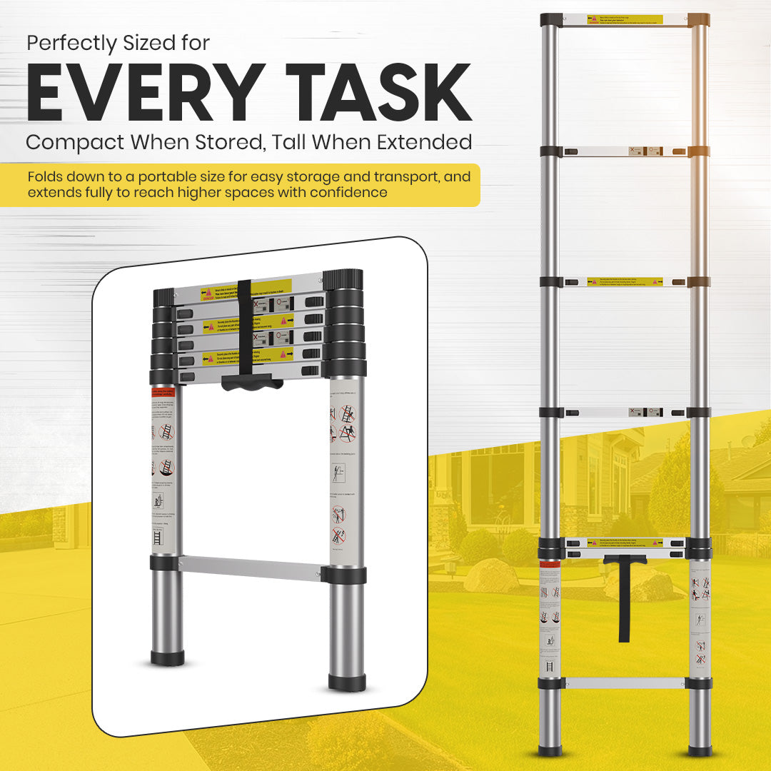 Lightweight 2M Telescopic Aluminium Ladder with Adjustable Height, Secure Locking System, and Anti-Slip Base by MZM Shopaco