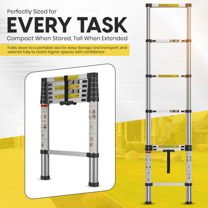 Lightweight 2M Telescopic Aluminium Ladder with Adjustable Height, Secure Locking System, and Anti-Slip Base by MZM Shopaco