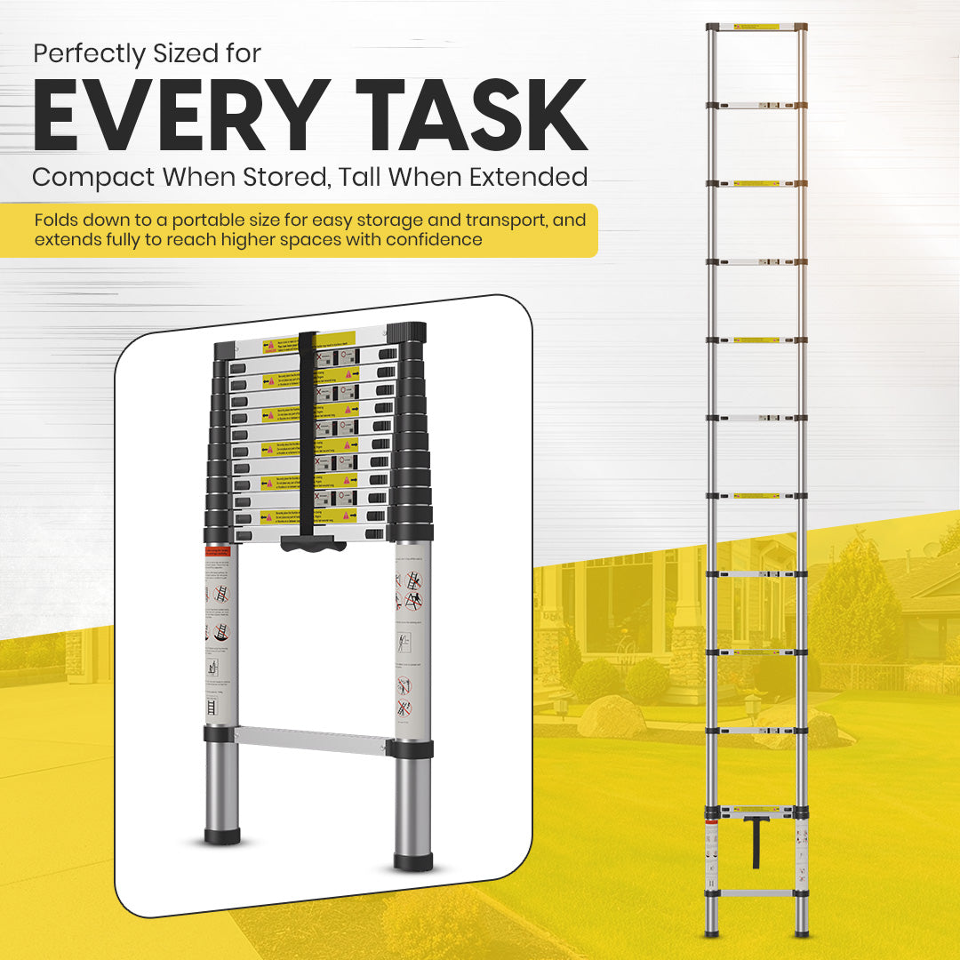5M Telescoping Aluminium Ladder with Adjustable Height, Secure Locks, and Anti-Slip Base by MZM Shopaco
