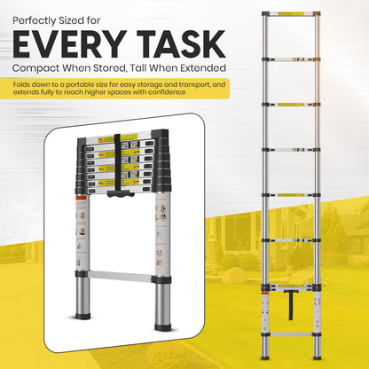 2.6M Telescoping Aluminium Ladder with Adjustable Height, Secure Locks, and Anti-Slip Base by MZM Shopaco