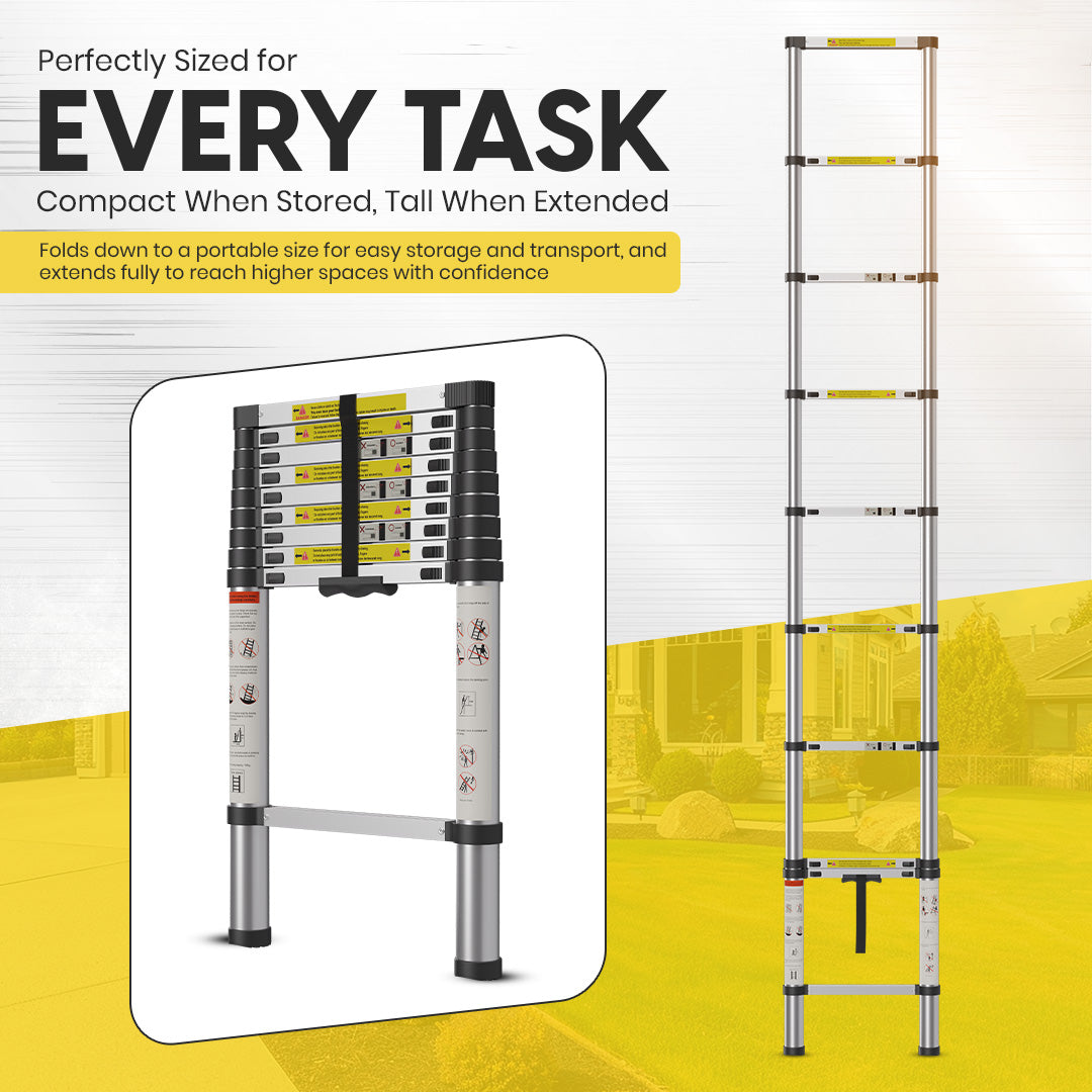 2.9M Telescopic Aluminium Ladder with Adjustable Height, Secure Locking System, and Anti-Slip Feet by MZM Shopaco