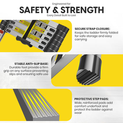 Lightweight 2M Telescopic Aluminium Ladder with Adjustable Height, Secure Locking System, and Anti-Slip Base by MZM Shopaco