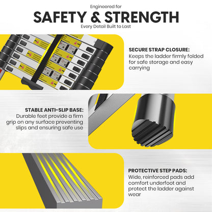 2.9M Telescopic Aluminium Ladder with Adjustable Height, Secure Locking System, and Anti-Slip Feet by MZM Shopaco