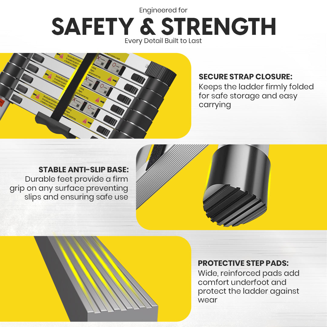 2.6M Telescoping Aluminium Ladder with Adjustable Height, Secure Locks, and Anti-Slip Base by MZM Shopaco