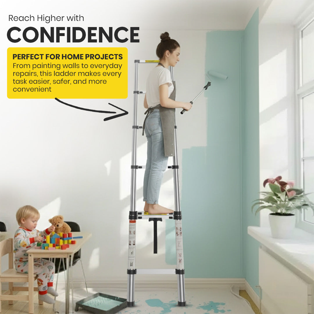 Lightweight 2M Telescopic Aluminium Ladder with Adjustable Height, Secure Locking System, and Anti-Slip Base by MZM Shopaco