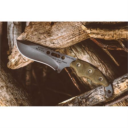 TOPS WDR01 Wind Runner Black River Wash Fixed Blade Knife with Green Canvas Micarta Handle
