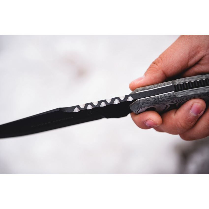 TOPS 906 Alaskan Harpoon Fixed Black Traction Coating Blade Knife with Black Linen Micarta Handles
