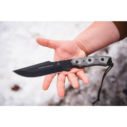 TOPS 906 Alaskan Harpoon Fixed Black Traction Coating Blade Knife with Black Linen Micarta Handles
