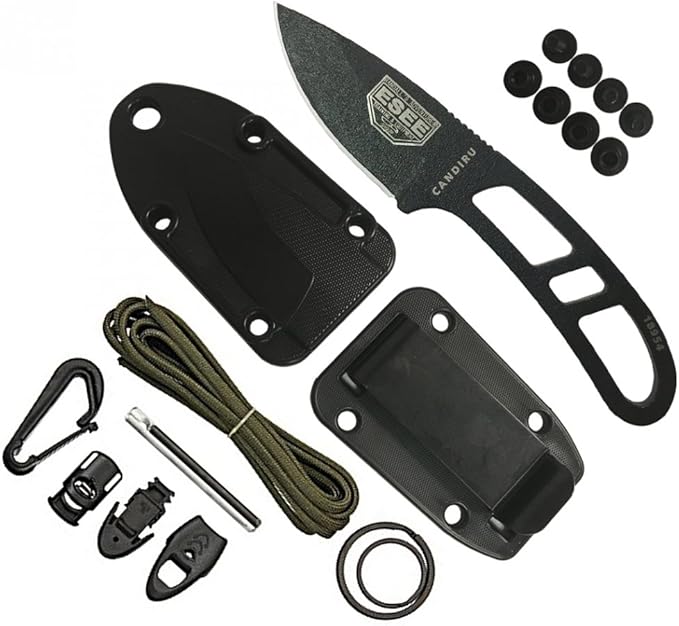 ESEE Candiru B, Fixed Blade Knife with Skeletized Handle, Black Molded Sheath & Mini Survival Kit - Black

