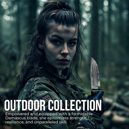 Damascus fixed blade bushcraft knife in outdoor woodland setting