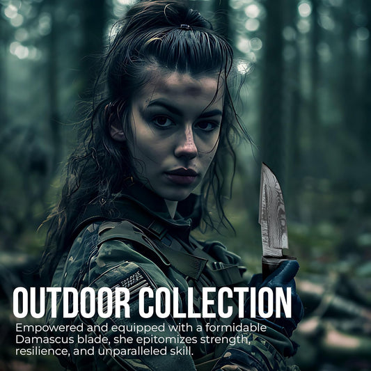 Damascus fixed blade bushcraft knife in outdoor woodland setting
