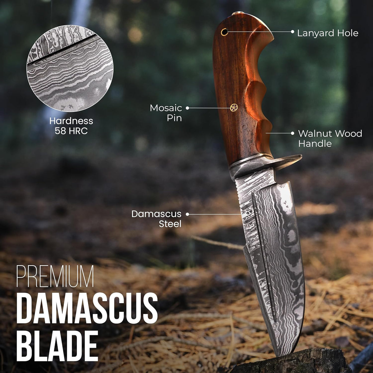 Premium Damascus blade camping knife with walnut handle