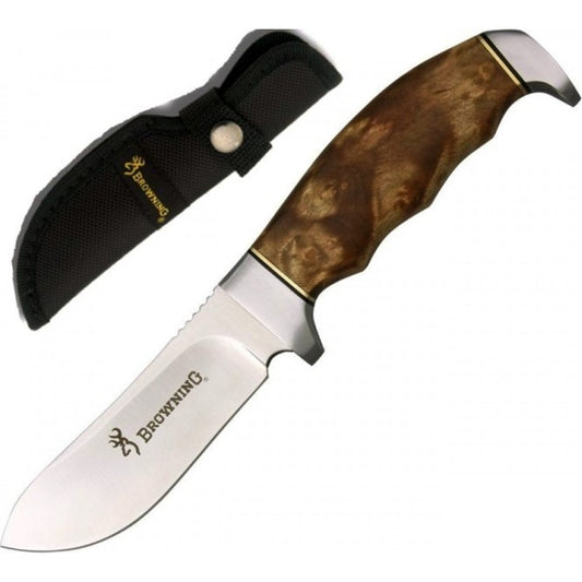 Browning 526 Skinner Fixed Stainless Skinner Blade Knife with Finger Groove Burl Wood Handle
